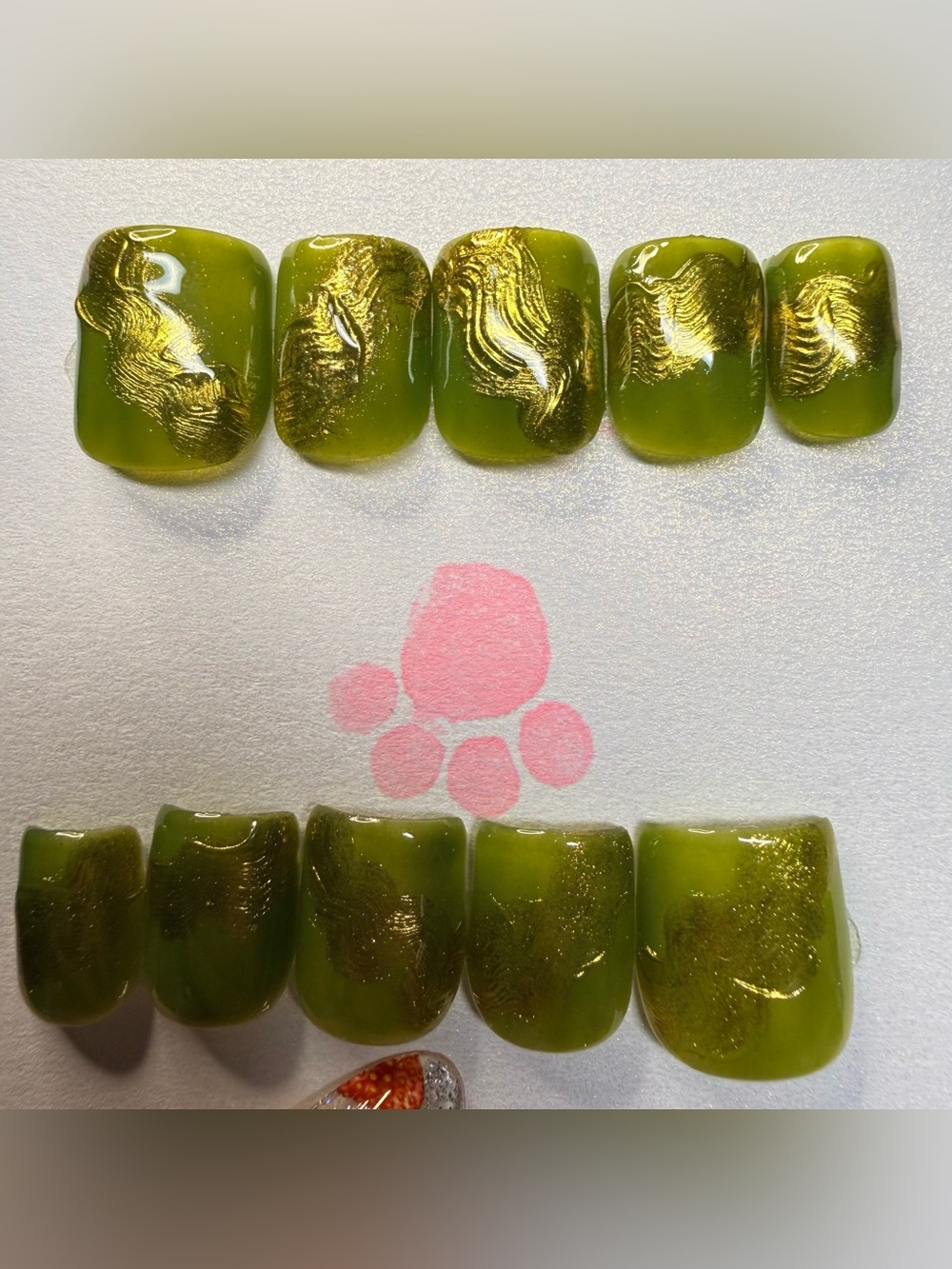 Short square Olive Green Gold Accent Press-On Nails